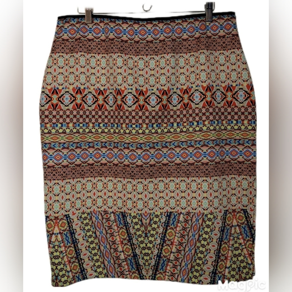 Bisou Bisou Michele Bohbot Geo Ikat Graphic Stretch Pull On Contour Skirt Sz XL